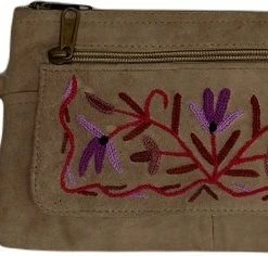 Nieuw 👏 Korting ⭐ Merkloos Dames Polstas Suède Leer - Bruine Damestas Met Handgeborduurd Bloemenpatroon In Paars - Riemtasje 😍 ✨