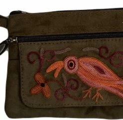 Goedkoop 🥰 Begroting 🎉 Merkloos Dames Polstas Suède Leer - Bruine Damestas Met Handgeborduurd Bloemenpatroon In Oranje - Riemtasje 🥰 😀