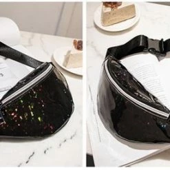 Nieuw 🔔 Goedkoop ⭐ DERRINS Fanny Pack / Heuptas - Zwart - Holografisch - Iridescent Glitter - Heuptas Klein - Fanny Pack - PVC Zwarte Tas Regenboog Tasje Glitter Metallic - Festival ⌛ 🔔