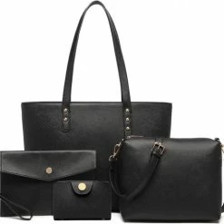 Tassen-Dames Verkoop 10 Top 10 🔥 Groothandel 😀 Miss Lulu Handtas | Crossbodytas | Clutch | Portemonnee - Damestas 4-delige Set - Kunstleer - Grote Capaciteit - Zwart (LG6931 BK) 🔥 ⌛