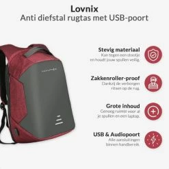 Beste Pirce 👏 Promo 🧨 Lovnix - Anti Diefstal Rugzak - Inclusief Usb Oplaadstation En 3.5mm Audio Jack - 15 Inch Laptopvak - Rood 🎉 🔥 -Tassen-Dames Verkoop 550x550 181