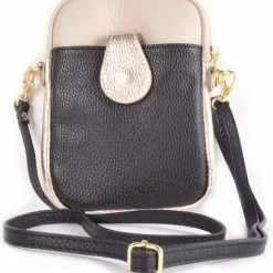 Groothandel 👏 Beste deal ⌛ Giuliano Leren Telefoontasje - Schoudertas - Zwart / Beige 😉 👍