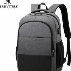 Korting ⌛ Nieuw 🔥 San Vitale® - Rugzak 2.0 Met USB Poort - Schooltas - 16 Inch Laptop Rugtas - Dames/Heren - 30L - Waterafstotend - Grijs ⭐ 😉